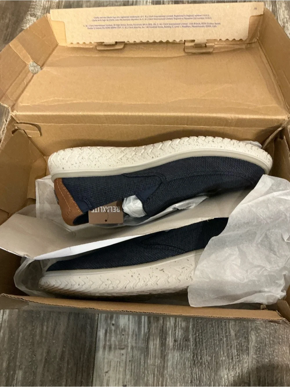 Clarks Navy Knit Slip-On with Brown Heel Tab Size 7.5